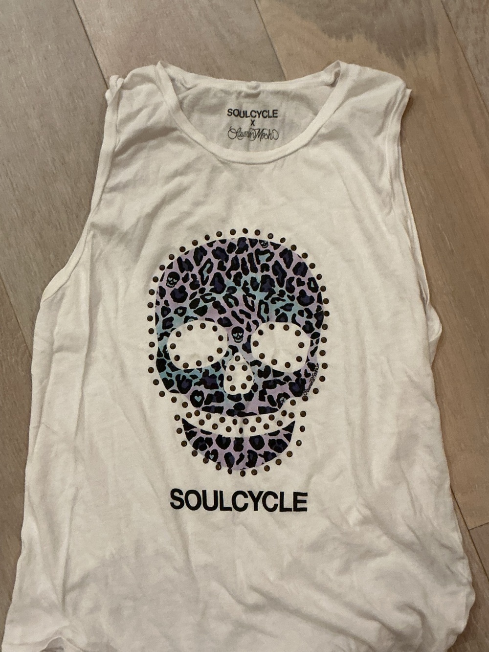 Lauren Moshix SoulCycle White Muscle Tank with Leopard Skull Graphic